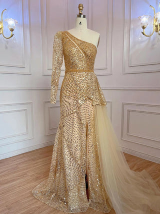 2024 Gold Elegant Mermaid Evening Gown: One-Shoulder Design with High Split and Luxurious Beading - Perfect for Women's Party Events