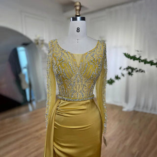 Yellow Long Sleeves Mermaid Evening Dress with Skirt - Beaded Dubai Mid-Length Party Gown 2024 for Women