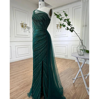 Green One Shoulder Mermaid Split Open Evening Dress: Beaded Sexy Party Gown for Women 2024