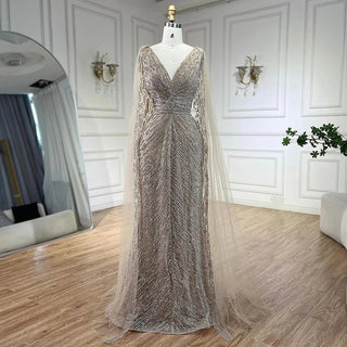 Customized Arabic Nude Luxury A-Line Beaded Evening Dress with Cape Sleeves for Women’s Wedding Party