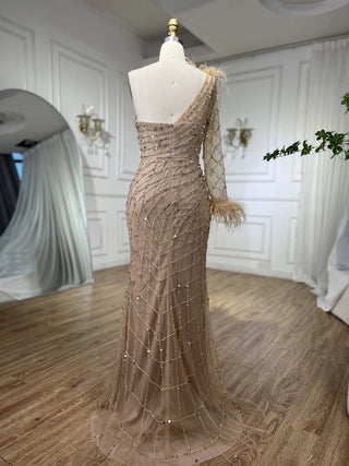 2024 Caramel One-Shoulder Mermaid Luxury Beaded Evening Gown with Feathers - Elegant for Women's Parties