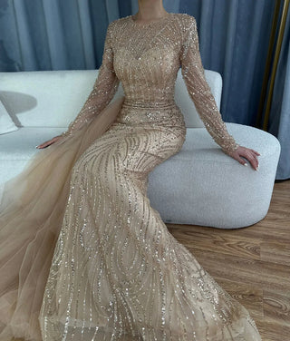 Caramel Beaded Mermaid Evening Dress with Overskirt for Formal Occasions