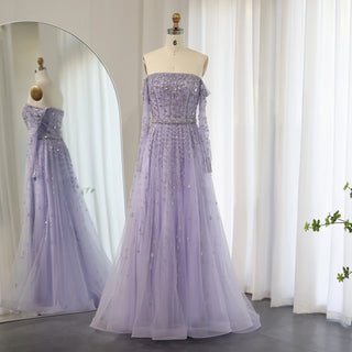 Luxury Dubai Nude Evening Dress 2024 Elegant Off Shoulder Long Sleeves Arabic Lilac Women's Wedding Party Gowns