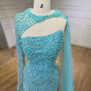 Ships in 1 to 3 Days - Blue Mermaid Long Cloak High Split Beaded Pearls Luxury Evening Dress - Women's Wedding Party 2024