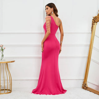 Sexy Rose Red Satin Evening Dress with Slit - Pleated Beaded Party Maxi Dress