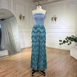 2024 Arabic Blue Ankle-Length Mermaid Evening Gown with Long Cloak - Beaded Luxury, Perfect for Women's Wedding Parties