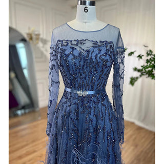 Blue Elegance: 2024 Muslim A-Line Evening Dress with Lace, Beading, Feathers, and Arabic Luxury