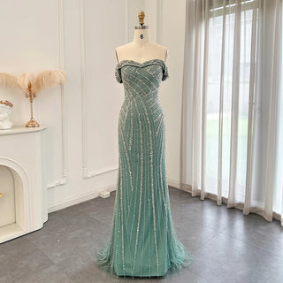 Elegant Off-Shoulder Sage Green Evening Dresses with Overskirt: 2024 Luxury Dubai Gowns for Women's Wedding and Formal Parties