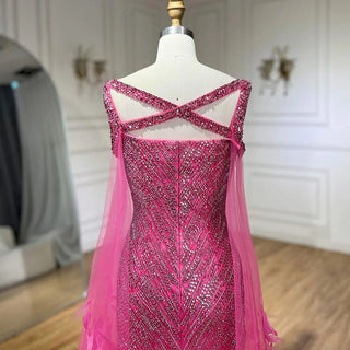 Feathered Fuchsia: 2024 Elegant Cap Sleeve Mermaid Evening Dress - Luxury Beaded Gown for Ladies' Wedding Party