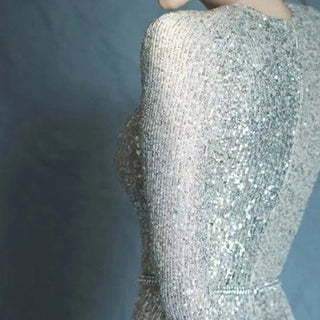 Ships in 1 to 3 Days - Muslim Silver Mermaid Elegant Evening Gown - Long Sleeves Sparkle for Women's Party 2024