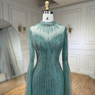 Arabic Turquoise Mermaid Evening Gown with Cape Sleeves and Split, Beaded Detail - Perfect for Women's Wedding, Prom, or Party