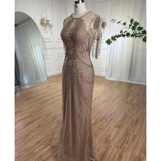 Ships in 1 to 3 Days - Caramel Cascade: Cap Sleeves Tassel Mermaid Gown with Beading – Mother of the Bride 2024 Wedding Party Elegance