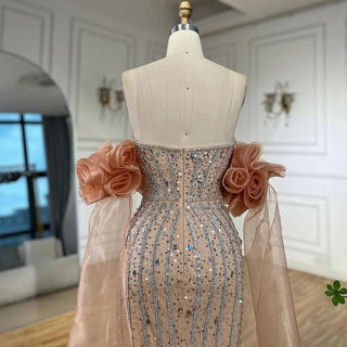 Ships in 1 to 3 Days - 2024 Arabic Pink Strapless Beaded Mermaid Evening Gown Vintage Half Puff Sleeve Dress for Women's Party