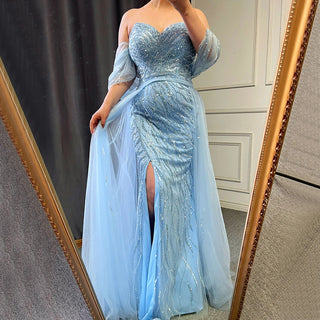 2024 Arabic Blue Mermaid Evening Gown: Sexy High Split with Beaded Elegance - Ideal for Women's Party Glamour