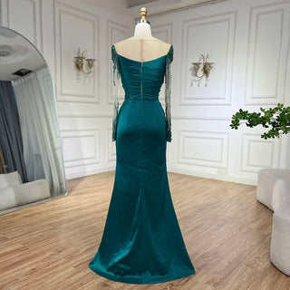 Ships in 1 to 3 Days - Luxury Dubai Green Mermaid Lace Beaded Satin Evening Dresses Formal Gowns 2024 For Woman Wedding Party