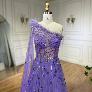 Lilac A-Line One Shoulder Cape Sleeves Feathers Beaded Luxury Evening Dresses: Gowns for Women's Wedding Part