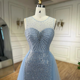 Dubai Arabic Mermaid Blue Elegant with Overskirt Beaded Evening Dresses Gowns for Women's Wedding Party 2024