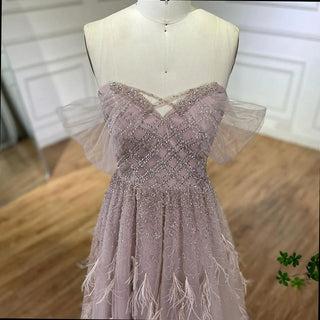 Luxury Feather Pink Dubai Evening Dresses: Elegant Off-Shoulder, Beaded Champagne Formal Dress for Women at Weddings