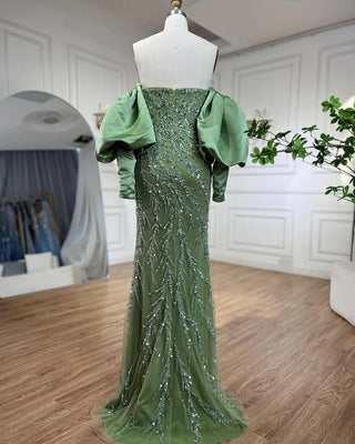 Champagne Luxury Mermaid Evening Dress - Long Gown with Half Puff Sleeves, Elegant for Women's Party