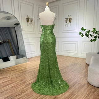 Luxury Sage Green One-Shoulder Beaded Crystal Mermaid Evening Gown - Dubai Style for Women Party 2024