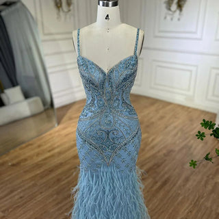 Ships in 1 to 3 Days - Arabic Blue Spaghetti Strap Feathers Beaded Luxury Dubai Evening Dresses Gowns For Women Wedding Party 2024