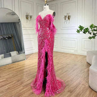 Turquoise Spaghetti Strap High-Split Mermaid Beaded Feathers Evening Gown for Women Wedding Party 2024