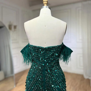 Green Mermaid High Split Spaghetti Strap Evening Dress: 2024 Feather Beaded Gown for Women's Party