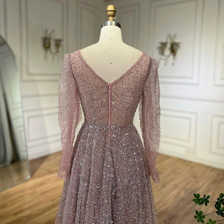 Arabic Pink A-Line Elegant Long Sleeves Evening Dress - Luxury Beaded Gown for Women's Wedding Party 2024