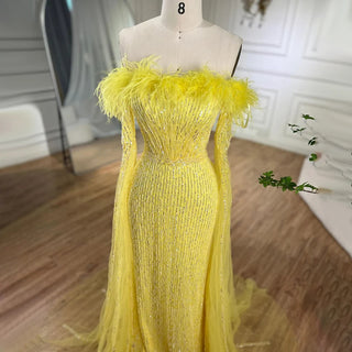 Pink Cape Sleeves Mermaid Yellow Evening Dresses Gowns Luxury Beaded Feathers For Women Wedding Party 2024