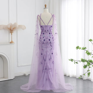 Luxury Dubai Lilac Arabic Evening Dress with Cape Sleeves and Criss-Cross Detail - Elegant Wedding Party Gown