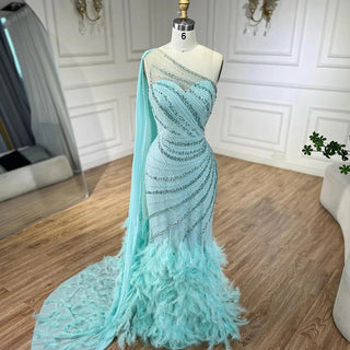 Ships in 1 to 3 Days - Mint Mermaid One-Shoulder With Overskirt Beaded Feathers Evening Dress - Gown for Women's Wedding Party