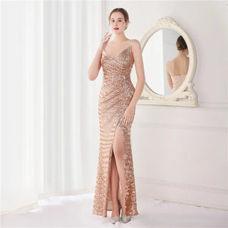 Sexy V-Neck Sequin Strap Party Maxi Dress with Slit - Long Prom Evening Dress for Women