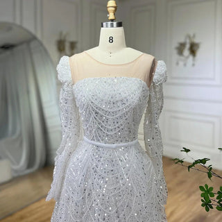 Dubai White A-Line Luxury Evening Dress with Pearls and Beaded Long Sleeves - Women's Wedding Party Gown 2024