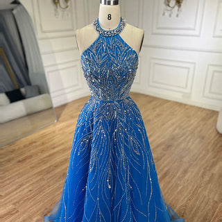 Ships in 1 to 3 Days - Elegant Blue Arabic A-Line Halter Gown Luxury Dubai Evening Dress for Women - Wedding Party 2024