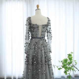 Luxury 3D Flower Gray Long Sleeves Evening Dresses for Women Wedding Party Elegant Arabic A-line Formal Gowns