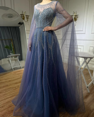 Ships in 1 to 3 Days - 2024 Nude and Blue A-Line Beaded Arabic Evening Gown - Cape Sleeves Dress for Formal Occasions