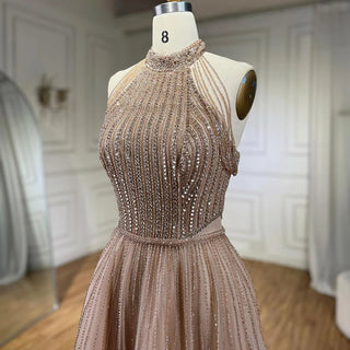 Ships in 1 to 3 Days - Arabian Nights: 2024 Caramel Elegant A-Line Luxury Evening Dress - Dubai Sequins Beaded Tassel Formal Halter Dress