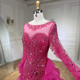 Ships in 1 to 3 Days - Fuchsia Mermaid Over Skirt Beaded Luxury Dubai Long Evening Dresses: Gowns for Women's Wedding Party 2024