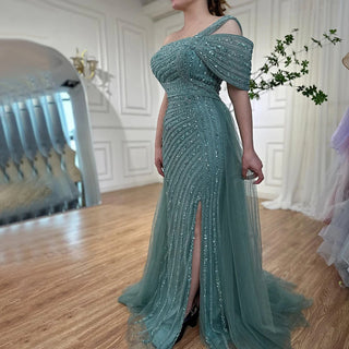 Ships in 1 to 3 Days - Turquoise Mermaid Evening Gown 2024: High Split, Luxury Beaded, Elegant for Women's Party