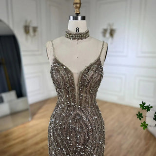 Silver Nude Mermaid Split Strap Evening Dress: Spaghetti Strap, Beaded Prom Gown for Women's Party 2024