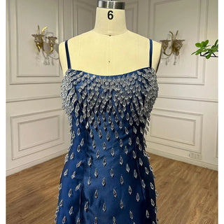 Blue Mermaid Sexy Spaghetti Straps Boat Neck Beaded Luxury Arabic Evening Dress: Elegant Gown for Women's Party