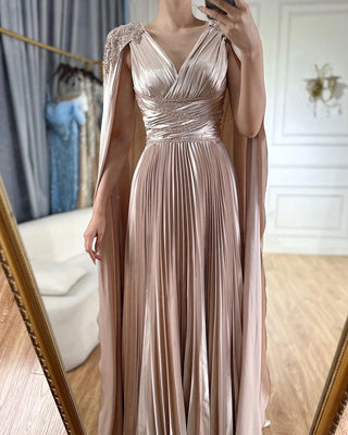 Ships in 1 to 3 Days - 2024 Nude Beaded Satin A-Line Evening Gown with Cape Sleeves - Saudi Arabic Formal Dress