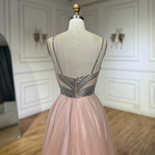 Ships in 1 to 3 Days - 2024 Arabic Peach Elegant Spaghetti Strap Beaded A-Line Prom Dress for Women | Wedding Party