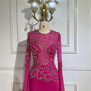 Ships in 1 to 3 Days - Arabic Fuchsia Mermaid Evening Dress with Cape Sleeves and Beaded Gloves Luxury Dubai Gowns for Women's Party 2024