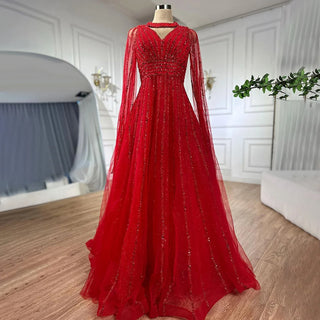 Arabic Blue A-Line Elegant Evening Dress: Luxurious Cape Sleeves with Beaded Embellishments for Women's Wedding Party 2024