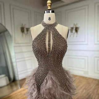 Brown Sleeveless Elegant Short Dresses Beaded Feathers Mermaid Cocktail Gowns 2024 For Women Party Couture