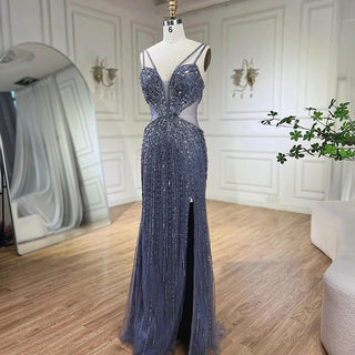 Gray Cut Out Spaghetti Straps Elegant Mermaid Evening Dresses Gowns Luxury Beaded For Woman Party 2024