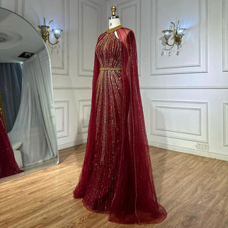 Wine Red Beaded Mermaid Saudi Evening Dress with Cape for Formal Occasion