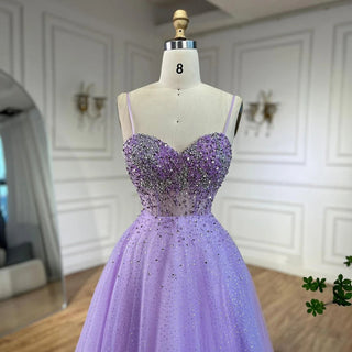 Arabic Lilac Spaghetti Strap A-Line Beaded Luxury Dubai Evening Dresses Gowns for Women's Party 2024