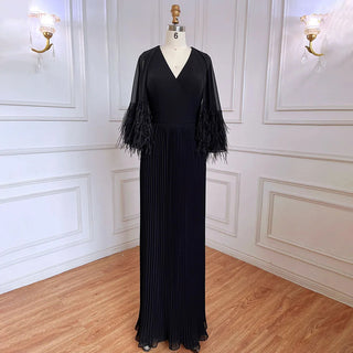 Black Mermaid Elegant Feather Cape Sleeves Morocco Evening Dress - 2024 Collection.